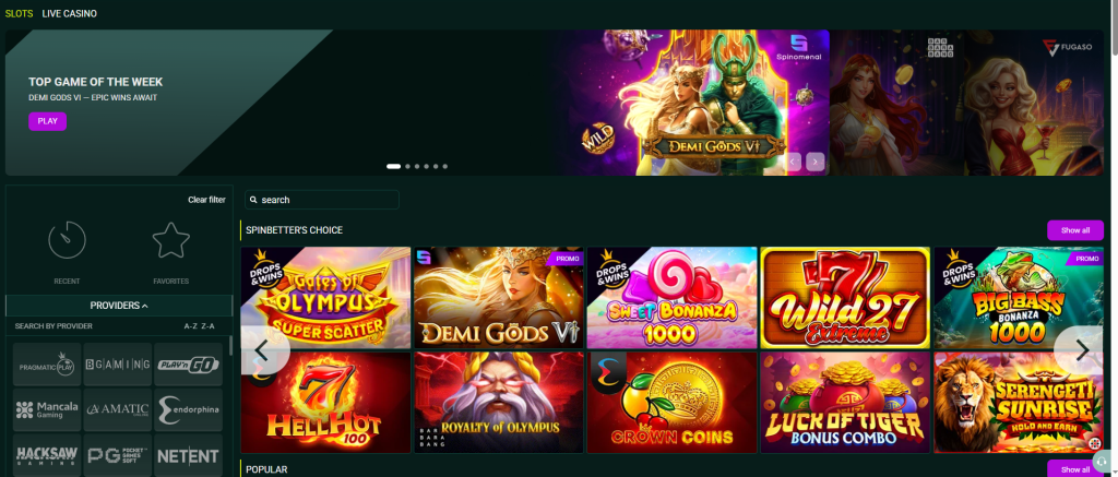 SpinBetter Casino Game Selection: Slots, Jackpots & Live Dealer